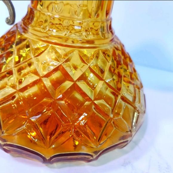 Vintage Amber Carnival Depression Glass Vase With Gold Tone Handle and Spout - Picture 2 of 7